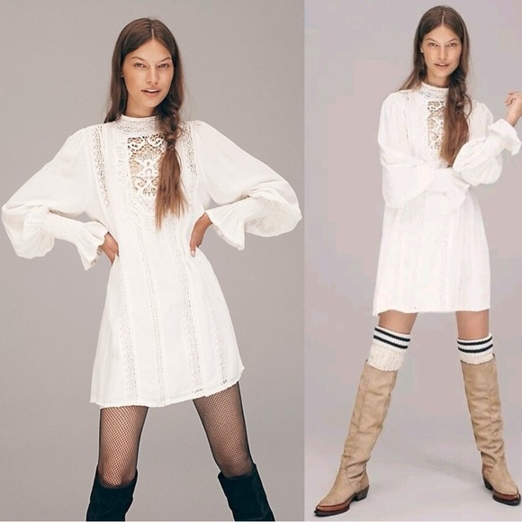 Free People Ethereal Edwardian Romantic Dainty Lace Mini Dress Ivory Medium NWT - Picture 3 of 15